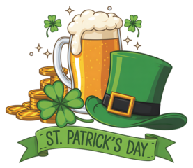 St patrick s day celebration with beer shamrocks gold coins and a festive green hat