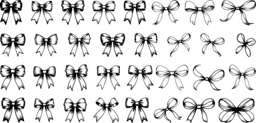 Black silk ribbon set. Festive black silk ribbon tied in an elegant bow knot isolated on a white background for a luxury gift celebration, birthday present, or holiday card design element