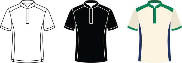 Mandarin collar short sleeve polo shirt fashion flat sketch technical drawing vector template