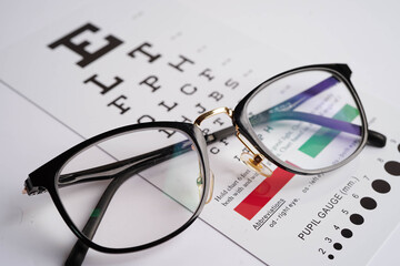 Glasses on eye testing exam chart to check eyesight accuracy of reading.