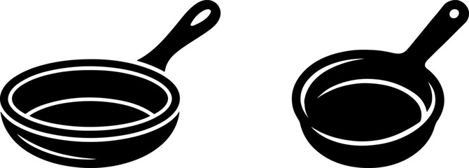 Isolated metal frying pan and saucepan with a silver spoon and sieve on a white background, featuring empty black steel kitchenware equipment for cooking food