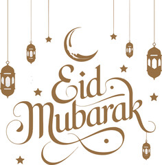 Decorative Gold 'Eid Mubarak' Calligraphy Vector Greeting with Crescent Moon and Stars isolated PNG with Transparent Background