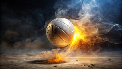 Fototapeta premium Fiery Volleyball Impact A Dynamic Composition of a Golden Ball Exploding with Smoke and Embers on a Dusty Court