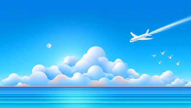 Cute cartoon of a white airplane soaring through a bright, clear blue sky, leaving a distinct vapor trail behind it. , cluster of soft, puffy white clouds rests above a calm blue ocean. - Powered by Adobe