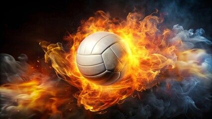 Fototapeta premium Fiery Volleyball A Dynamic Image of a Sport Ball Engulfed in Blazing Flames and Swirling Smoke, Representing Intense Competition and Unbridled Passion.
