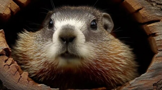 The groundhog awoke from hibernation and leaned out of the hole