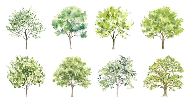 PNG Watercolor trees in diverse shades, transparent background