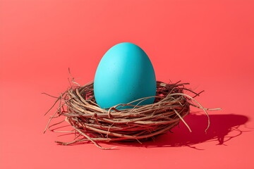 Obraz premium Bright Cyan Blue Egg in Nest on Solid Pink Background