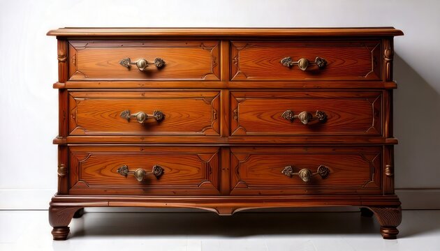 Antique Wooden Dresser with Six Drawers and Ornate Handles.