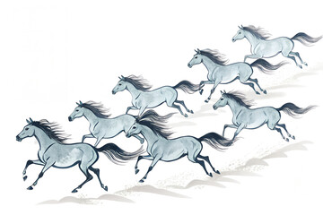 Fototapeta premium A group of horses are running in a line. The horses are all white and are running at different speeds