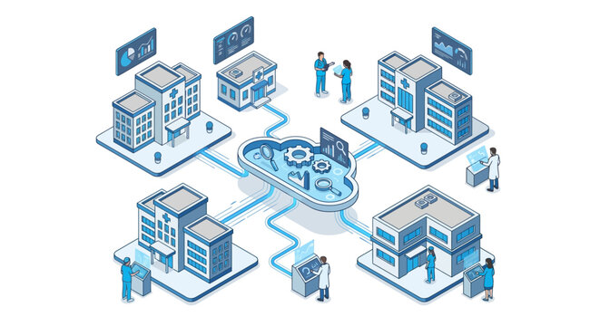 Isometric Medical SaaS Platform Connecting Multiple Hospitals and Clinics via Cloud Network, Healthcare Data Analytics and Patient Management System Vector Illustration