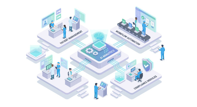Isometric Medical SaaS Platform for Healthcare AI Analytics and Patient Management. Digital Hospital Workflow Automation and Data Compliance Illustration with Doctors and Nurses.