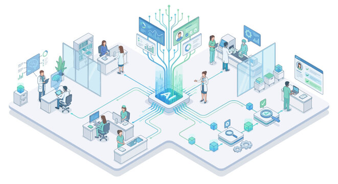 Isometric Medical AI SaaS Platform for Digital Healthcare, Hospital Management Software with Artificial Intelligence Data Analytics and Doctors in a Smart Clinic Environment