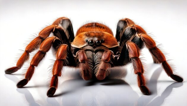 Close-up of a Mexican Red Knee Tarantula on a White Background.