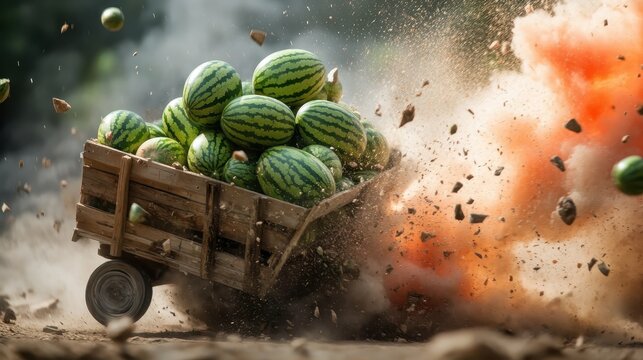 A dynamic scene captures a cart overflowing with watermelons, dramatically bursting apart, creating an explosion of fruit and dust, symbolizing fun and unexpected surprises. - Powered by Adobe