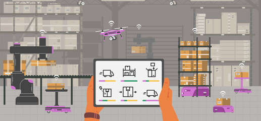 Smart automated warehouse logistics management concept flat vector illustration. Hands holding tablet with the main indicators such as delivery, picking, slotting, order tracking 