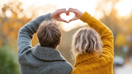 Young couple stands outdoors in autumn clothes, smiling and forming a heart shape with their hands in warm sunlight