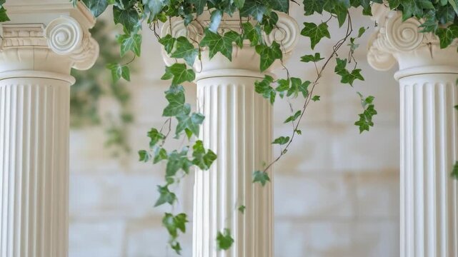 Classical white columns with green ivy. Ancient architecture decoration element background. Wedding ceremony decor with nature plant.