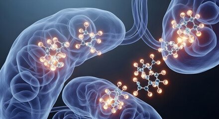 Molecular structures interacting with human body organs digitally illustrated