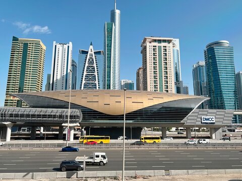 Exterior view of DMCC Metro Station on the Red Line serving the Dubai Multi Commodities Centre district, Dubai, UAE, March 14, 2023. 