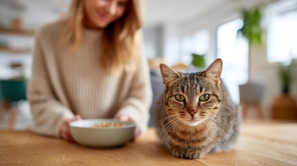 Young woman kneels on wooden floor to place a bowl of food in front of a tabby cat in a modern and bright home setting