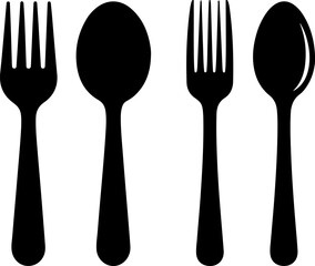 A professional set of silver cutlery including a fork, spoon, and knife isolated on a white background for restaurant dining and kitchen tableware displays