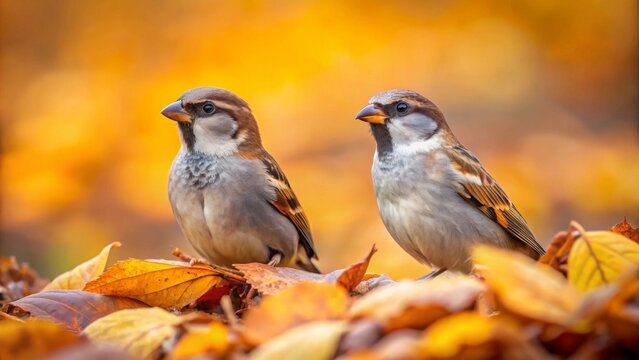 Two small birds perched amidst a vibrant carpet of fallen autumn foliage, a symphony of warm seasonal hues