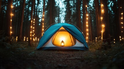 In this captivating image, a blue tent glows warmly amidst a serene forest setting, complete with decorative lights, creating an inviting atmosphere for adventure.