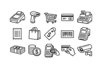 Fototapeta premium Retail shopping icons: pos, barcode, credit cards, security, cash, tags.