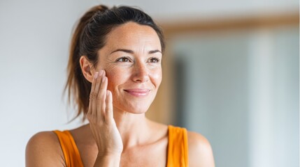 A young woman of medium complexion applies cream to her cheek while looking into a mirror in a cozy home