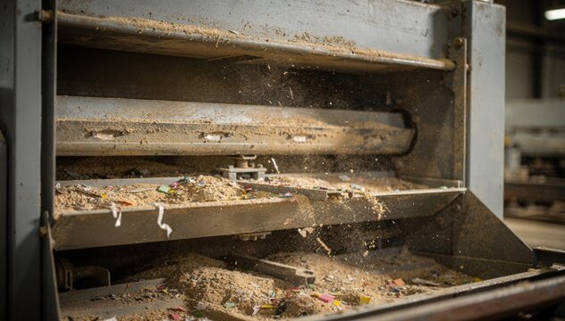 Focused medium shot capturing interior dust and trash being efficiently removed by idle precleaner saw highlighting chutes with a gentle bokeh effect on machine parts.
