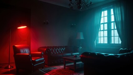 Moody living room with red and blue lighting and leather furniture