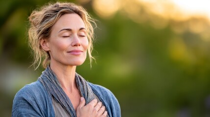 Young woman stands in natural setting at sunset, eyes closed and one hand on her chest, feeling the warm sunlight and soft breeze