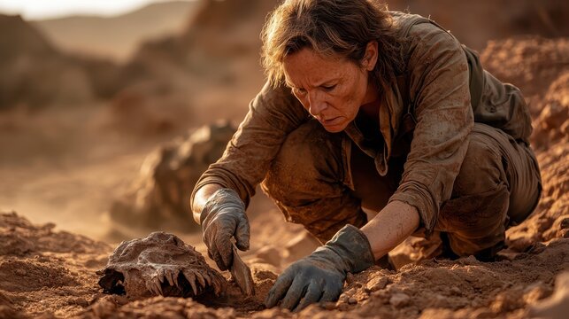 An immersive image of an archaeologist carefully excavating a fossil from the dry desert soil, capturing the essence of exploration and discovery in a rugged environment.