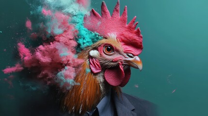 A fantastical image of a rooster's head integrated with vibrant colors and powders, creating an imaginative and artistic visual that sparks curiosity and creativity.