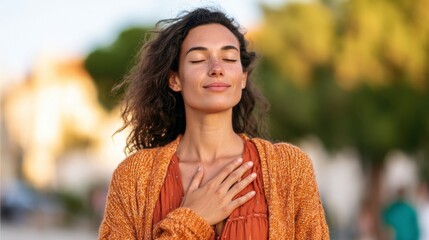 A young woman stands outdoors in sunset light with eyes closed and hands on her chest, capturing a moment of reflection in nature