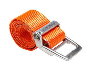 A close-up view of an orange ratchet strap on a white background, highlighting its metal buckle and the rolled-up strap Isolated Transparent Background, PNG