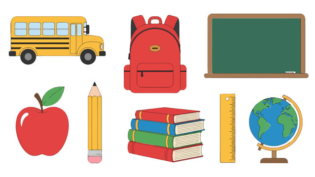 Essential School Supplies Collection Bus Backpack Books Apple Pencil Ruler Globe Blackboard Illustration.