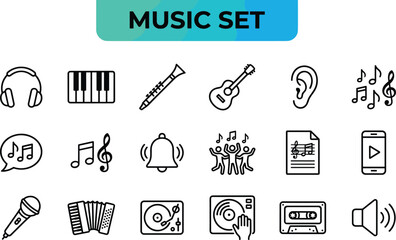 Obraz premium Music and audio technology line icons set featuring instruments headphones and sound symbols for entertainment media vector illustration