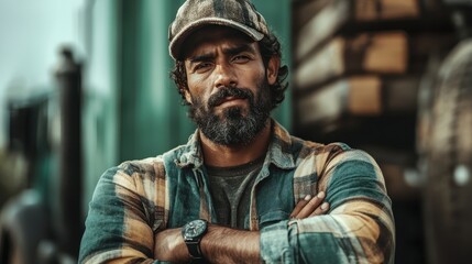 Obraz premium A ruggedly handsome man stands confidently with his arms crossed, set against a backdrop of timber and greenery, showcasing strength and resilience in an outdoor environment.