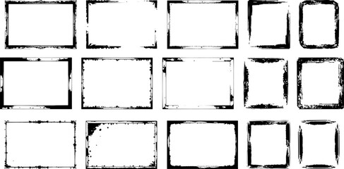 Set of vintage grunge frames and distressed vector textures featuring black ink paint borders and dirty paper elements for a rough decorative design background illustration