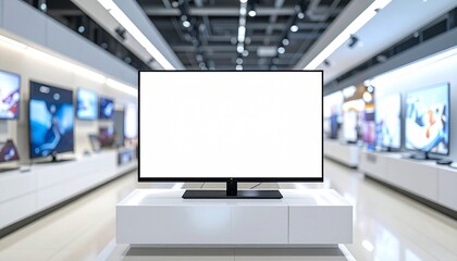 Naklejka premium Large Flat Screen TV Mockup with White Blank Display in Bright Electronics Retail Store