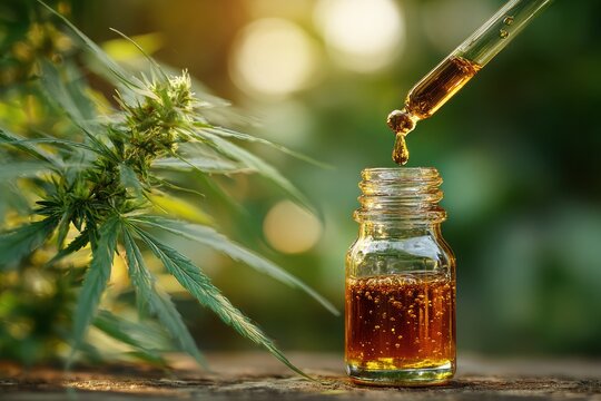 Up close view of cannabis tincture drop falling from pipette into glass jar, surrounded by lush green cannabis leaves, illustrating the essence of medical marijuana extraction process