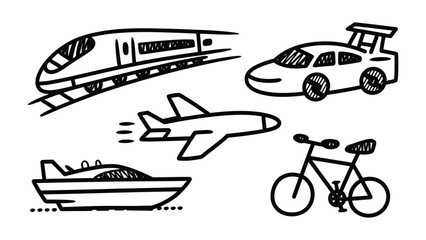 Diverse Transport Sketches: A collection of various transportation modes artfully sketched, representing travel and movement across different environments. © Murshida