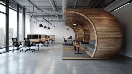 A sleek, modern office interior features innovative wooden seating designs and functional workspaces, fostering creativity and collaboration in a professional setting.