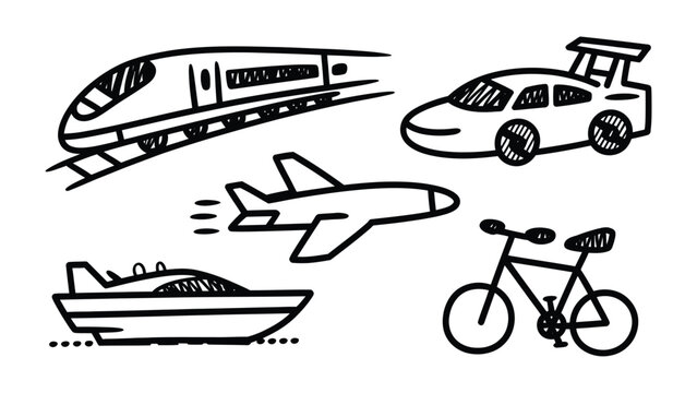 Diverse Transport Sketches: A collection of various transportation modes artfully sketched, representing travel and movement across different environments.