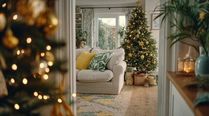 Bright living room seen through open doorway features white sofa, green pillows, and decorated Christmas tree with warm wooden floor
