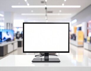 Fototapeta premium Minimalist TV Mockup on White Table with Blank White Screen in Blurred Retail Store
