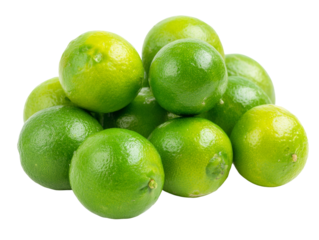 A bunch of fresh green limes stacked up and arranged in a pile. The fruits appear ripe and juicy Isolated Transparent Background, PNG