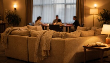 Cozy communal lounge with plush sofas and softly blurred activity tables perfect for quiet reading with warm lighting and calm ambiance.